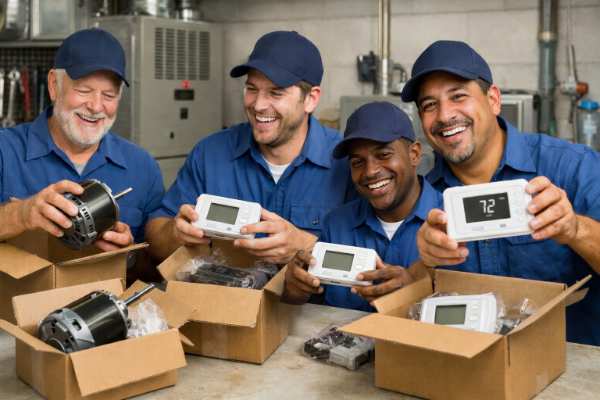 HVAC Technicians Unpacking HVAC Parts