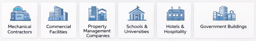 Industries served: Mechanical Contractors, Commercial Facilities, Property Management Companies, Schools and Universities, Hotels and Hospitality, Government Buildings